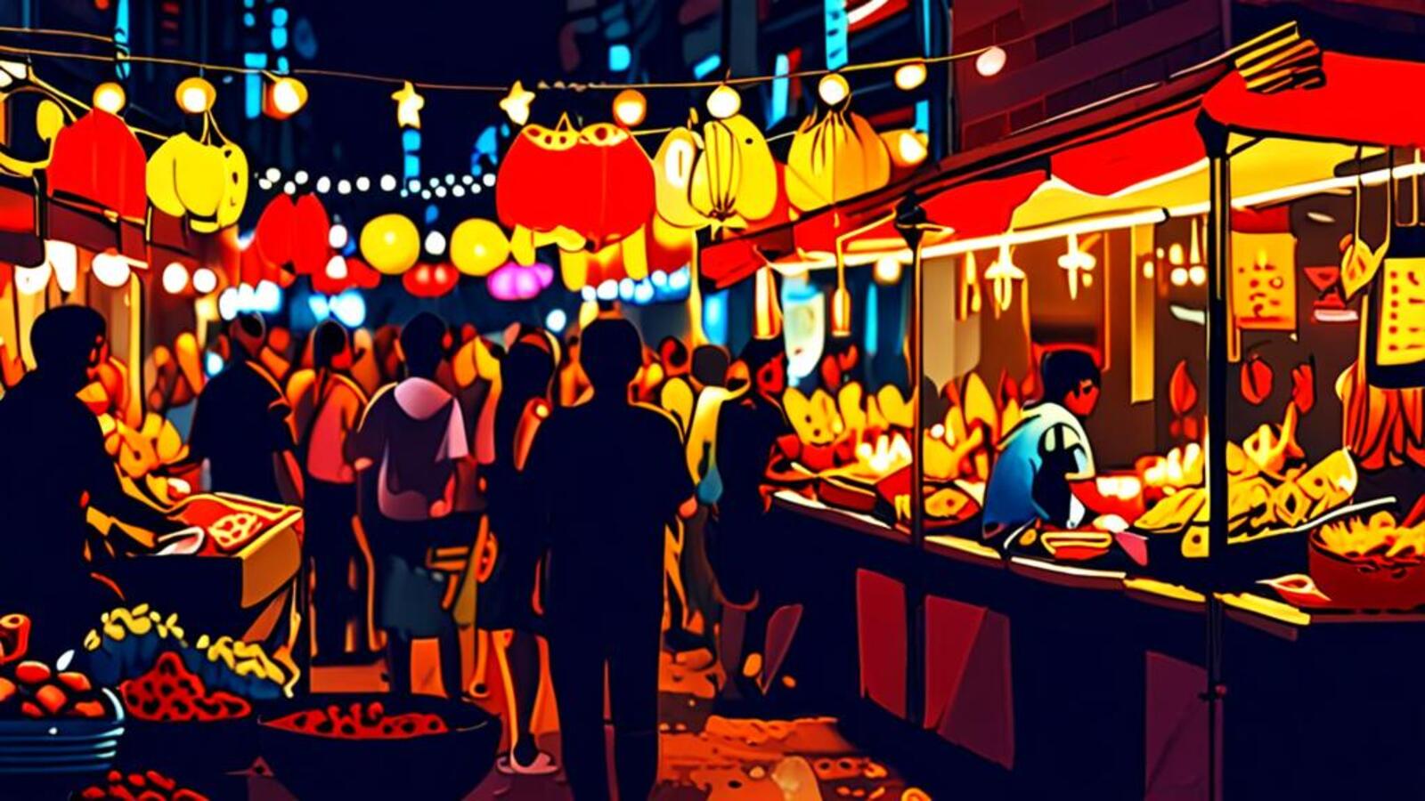 ร้านอาหารข้างถนนในตลาดกลางคืน: มันส์ ถูก อร่อย